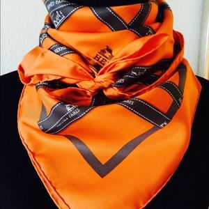 AUTH HERMES BOLDUC SILK SCARF IN ORANGE & BROWN